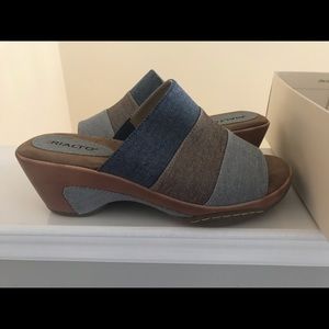 Blue and tan denim sandals